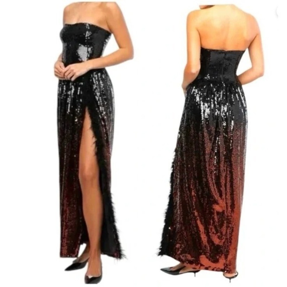 WeWoreWhat Ombre Sequin Strapless Feather Gown Black Brown Formal NEW S 4